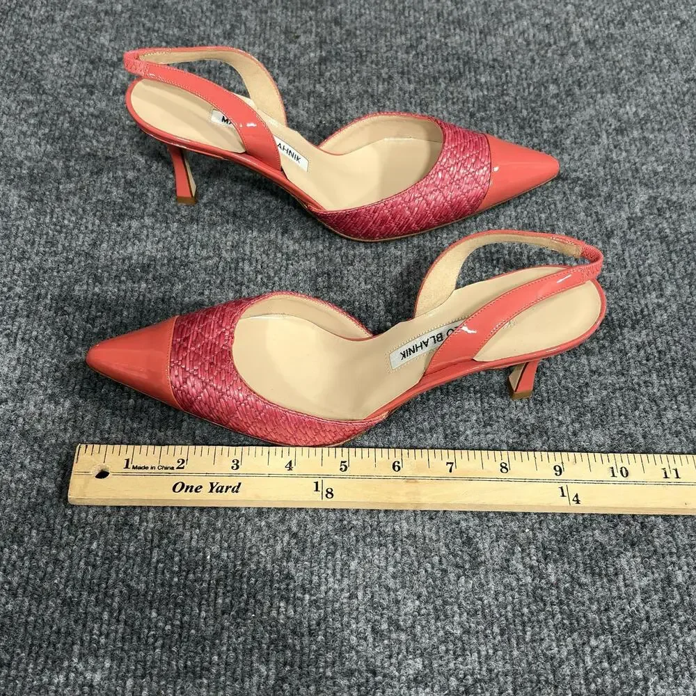 Manolo Blahnik Slingback Heels Womens 5 Pink Capsli Raffia Leather Italy Shoes